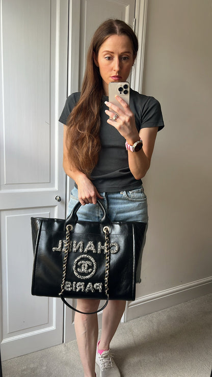 Chanel Deauville Tote in Black Glazed Calfskin and Monochrome Boucle Tweed (RRP £5800)