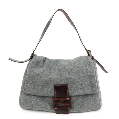 FENDI Mamma Baguette Wool Leather Shoulder Bag Grey Brown 26325