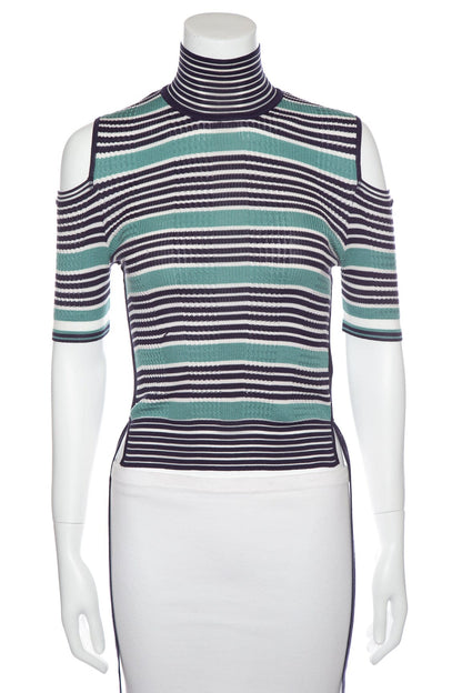 Fendi Teal and Blue Striped Mock Neck Cold Shoulder Top SZ 38