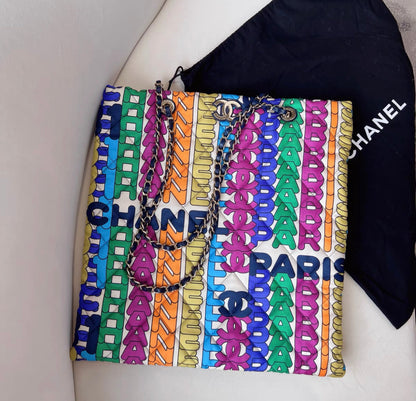 Chanel Rainbow Logo Quilted Textile Tote Bag Gold Hardware 2021