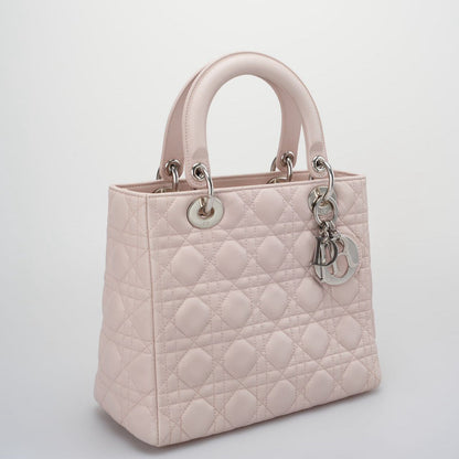 Christian Dior Cherry Blossom Pink Lady Dior Bag In Lambskin With Silver Hardware