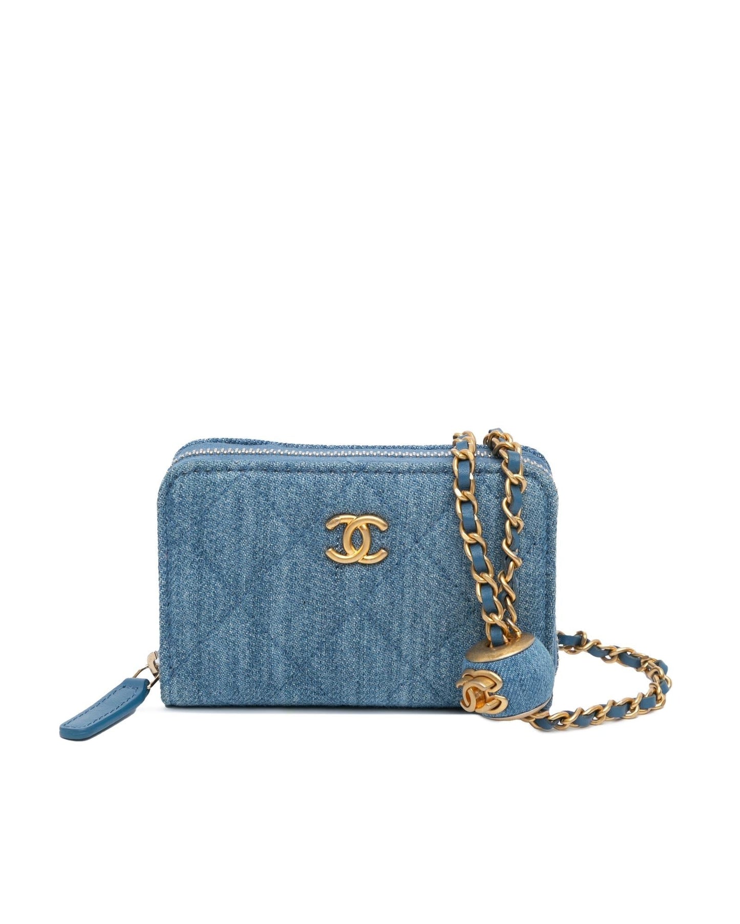 Quilted Denim Crossbody Card Holder with Chain Strap