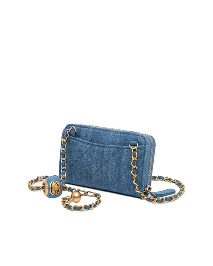Quilted Denim Crossbody Card Holder with Chain Strap
