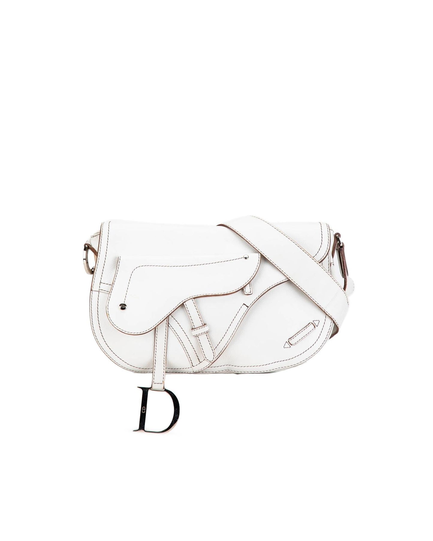 Calfskin Double Saddle Crossbody Bag with Adjustable Strap and Multiple Pockets