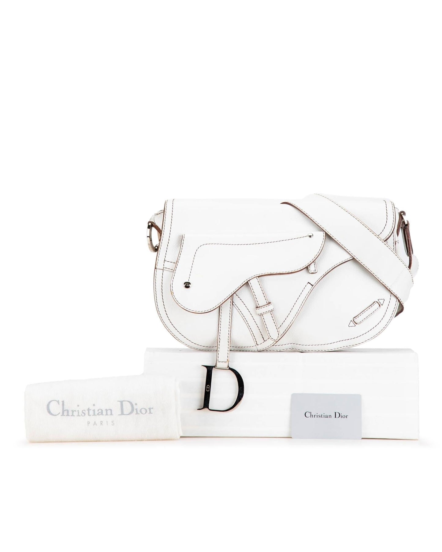 Calfskin Double Saddle Crossbody Bag with Adjustable Strap and Multiple Pockets