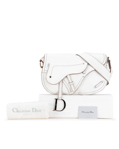 Calfskin Double Saddle Crossbody Bag with Adjustable Strap and Multiple Pockets