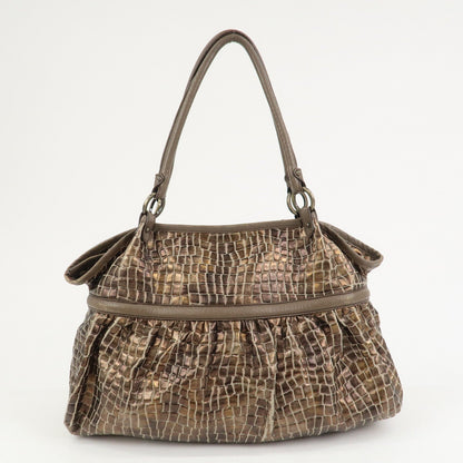 FENDI Embossed Leather Gathered Shoulder Bag Tote Bag Brown 8BH186