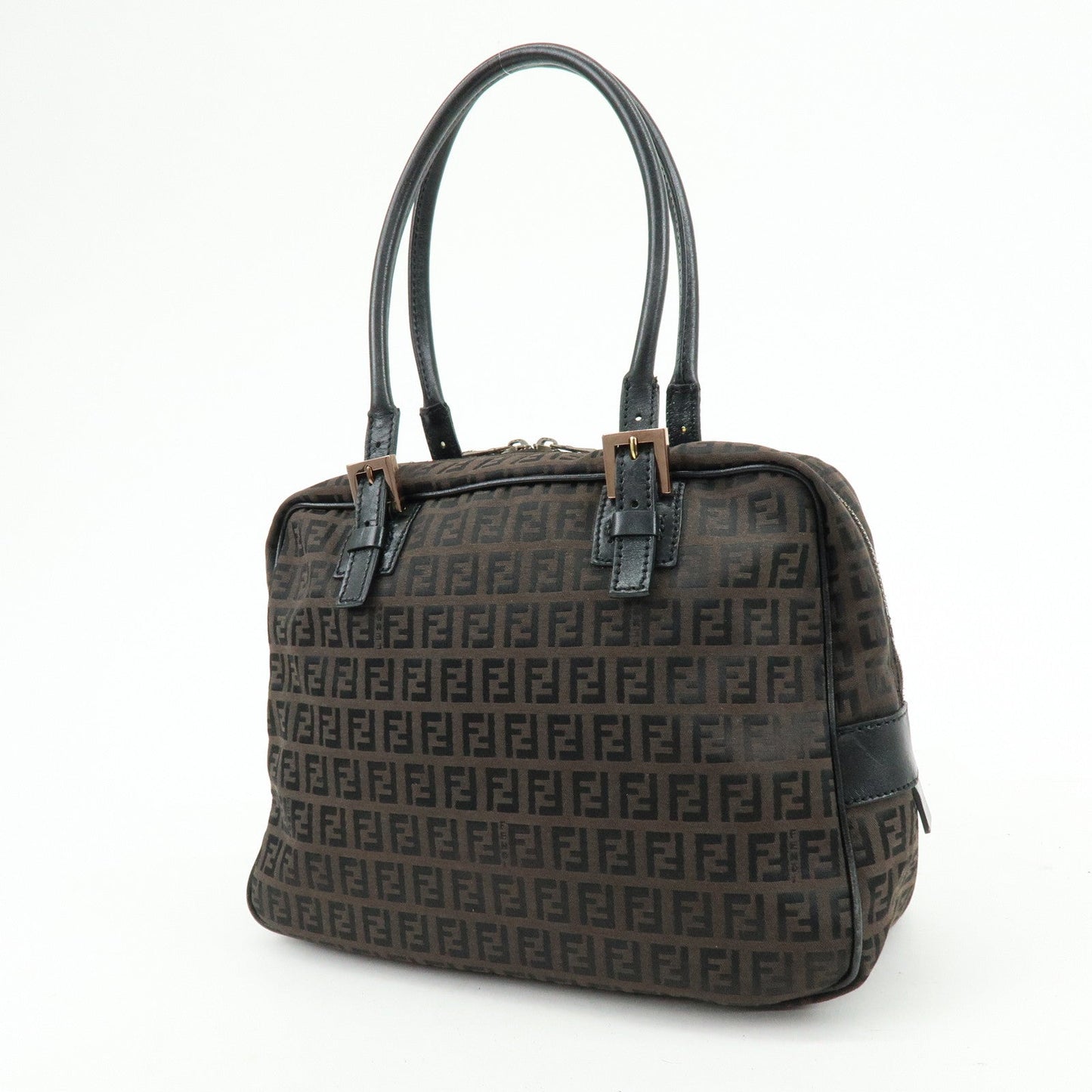 FENDI Zucchino Canvas Leather Hand Bag Boston Bag Brown 8BN005