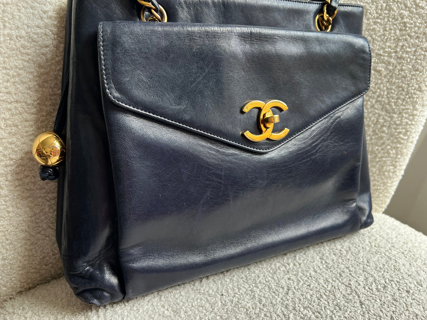 Chanel Vintage Navy Lambskin Chain Tote with 24k Gold Hardware