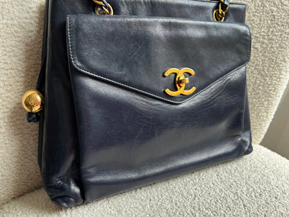 Chanel Vintage Navy Lambskin Chain Tote with 24k Gold Hardware
