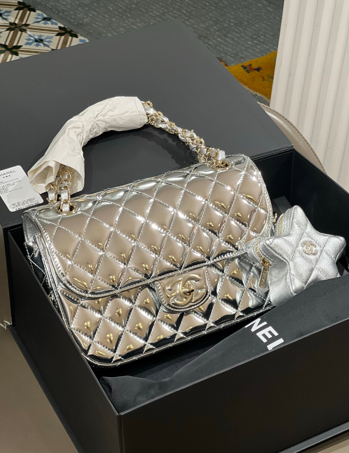 Chanel 24C Rectangle Flap Silver Mirror Patent Leather With Star Coin Purse And Gold Hardware New In Box