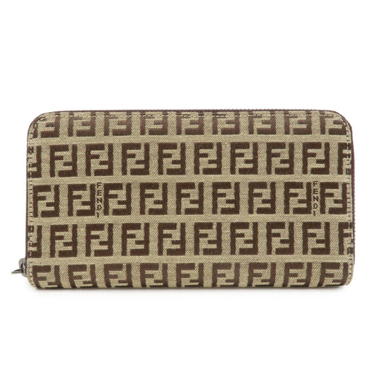 FENDI Zucchino Canvas Leather Round Zippy Long Wallet Brown 8M0024