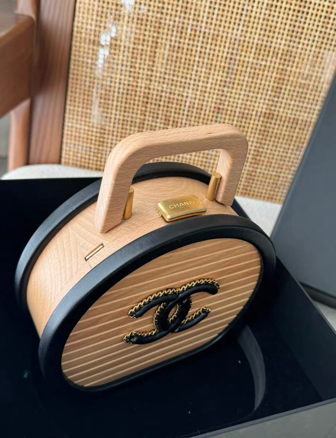 Chanel Round Cc Vanity Case Beechwood And Black Lambskin Gold Hardware