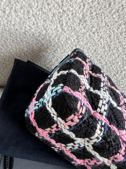 Chanel Classic Quilted Rectangular Mini Flap Bag in Multi Coloured Boucle Tweed and Champagne Gold Hardware (RRP £4390)