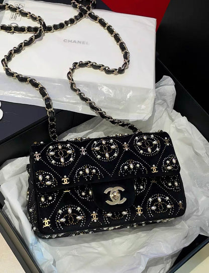 Chanel 2020 Black Velvet Imitation Pearl Strass Cc Embellished Rectangular Mini Classic Flap Gold Hardware