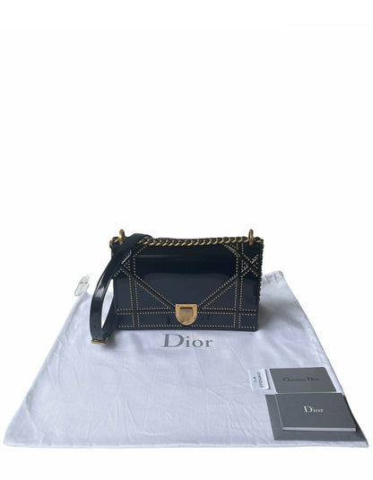 Christian Dior Black Patent Leather Studded Medium Diorama Flap Bag