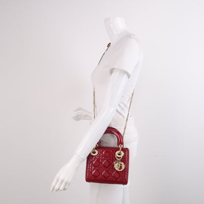 Lady Dior Mini Handbag Burgundy Red Patent Leather Gold-tone Chain Strap