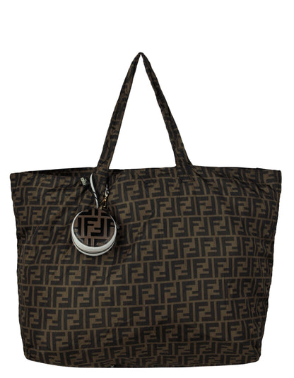 Fendi NWT Brown Monogram Nylon Foldaway Tote Bag w/ Tamburo Pocket Charm