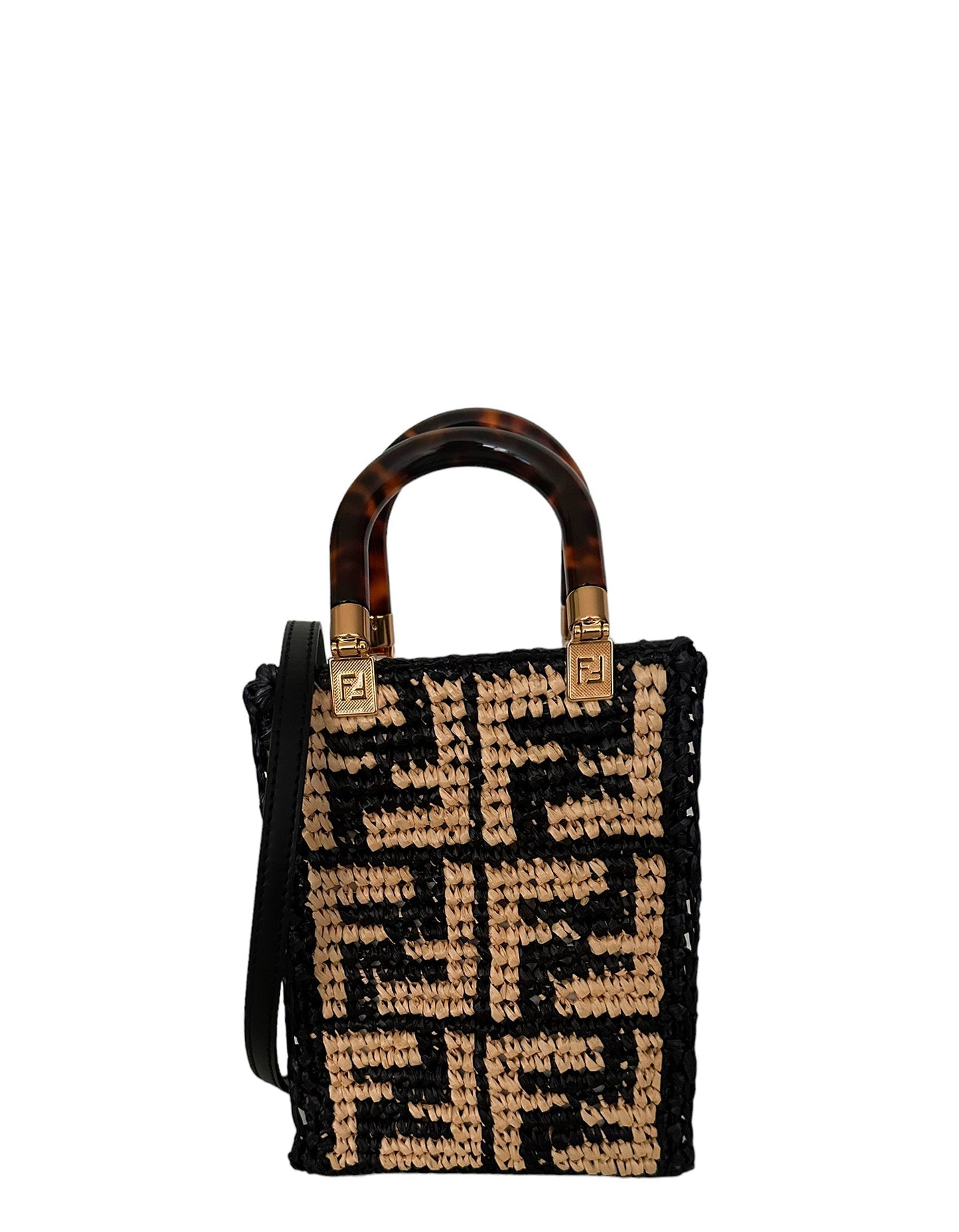Fendi Monogram Black/Beige Raffia Mini Sunshine Shopper Tote Bag