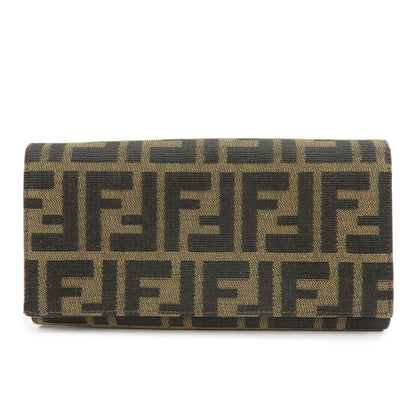 FENDI Zucca Canvas Leather Bi-Fold Long Wallet Black Brown 8M0000