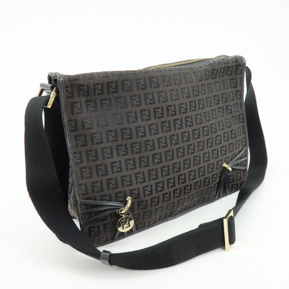 FENDI Zucchino Canvas Leather Shoulder Bag Dark Brown 8BT090