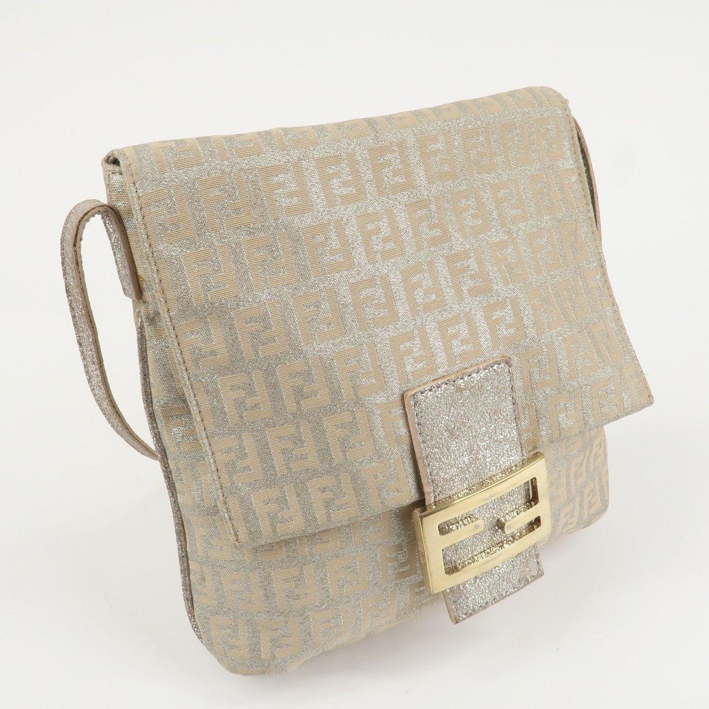 FENDI Zucchino Canvas Leather Shoulder Bag Silver Beige 8BT075