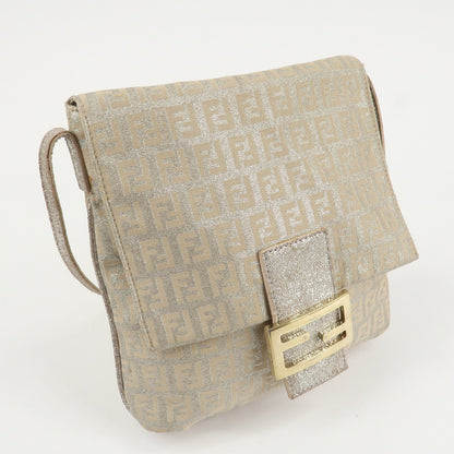 FENDI Zucchino Canvas Leather Shoulder Bag Silver Beige 8BT075