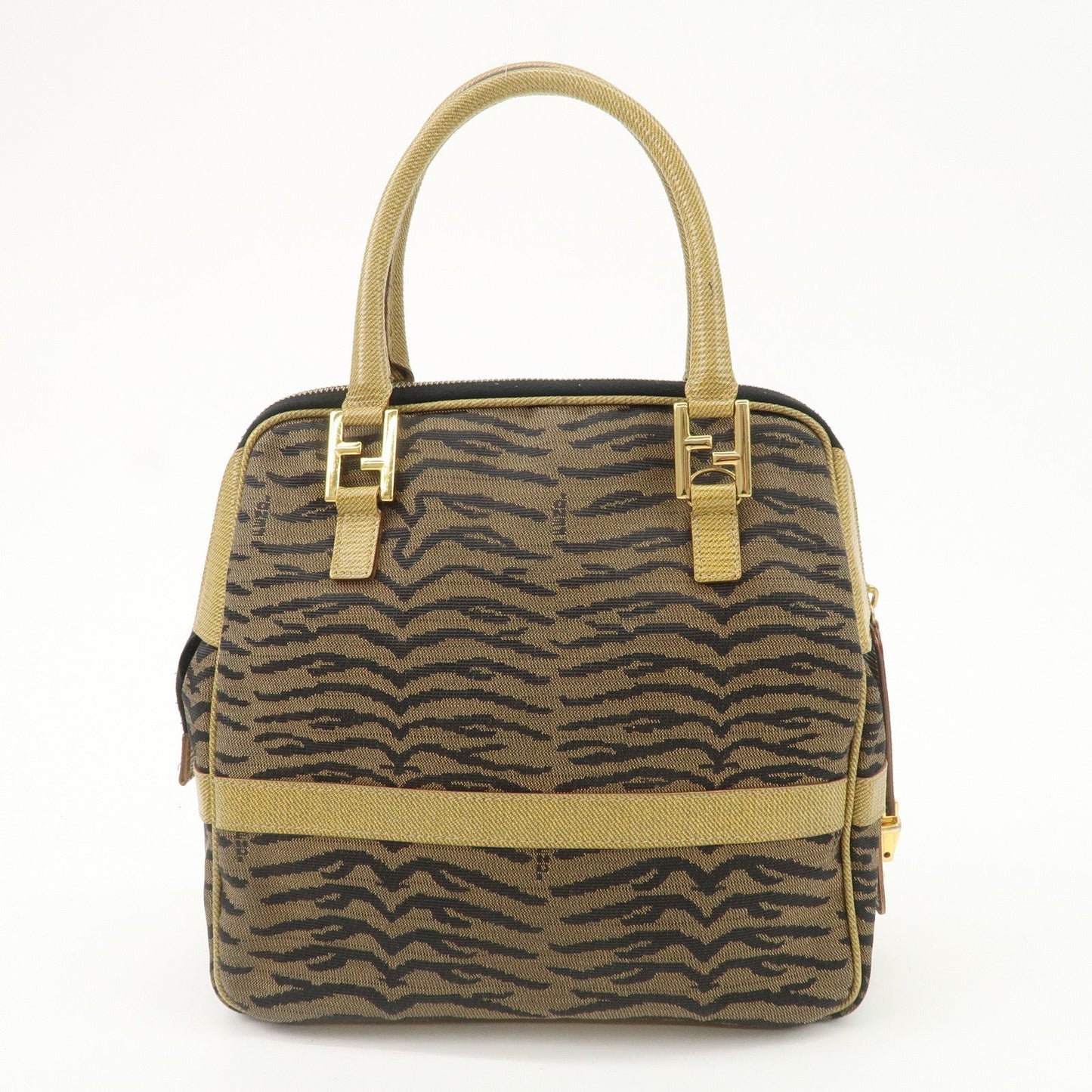 FENDI Leather Canvas 2Way Bag Hand Bag Zebra Print Black Brown