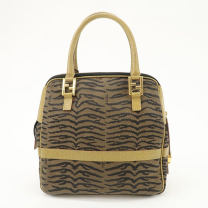 FENDI Leather Canvas 2Way Bag Hand Bag Zebra Print Black Brown