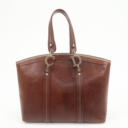 Christian Dior Leather Flower Embroidery Tote Shoulder Bag Brown