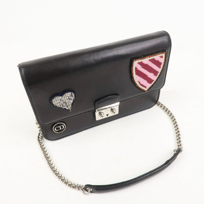 Christian Dior Leather Chain Shoulder Bag Heart Embroidery Black