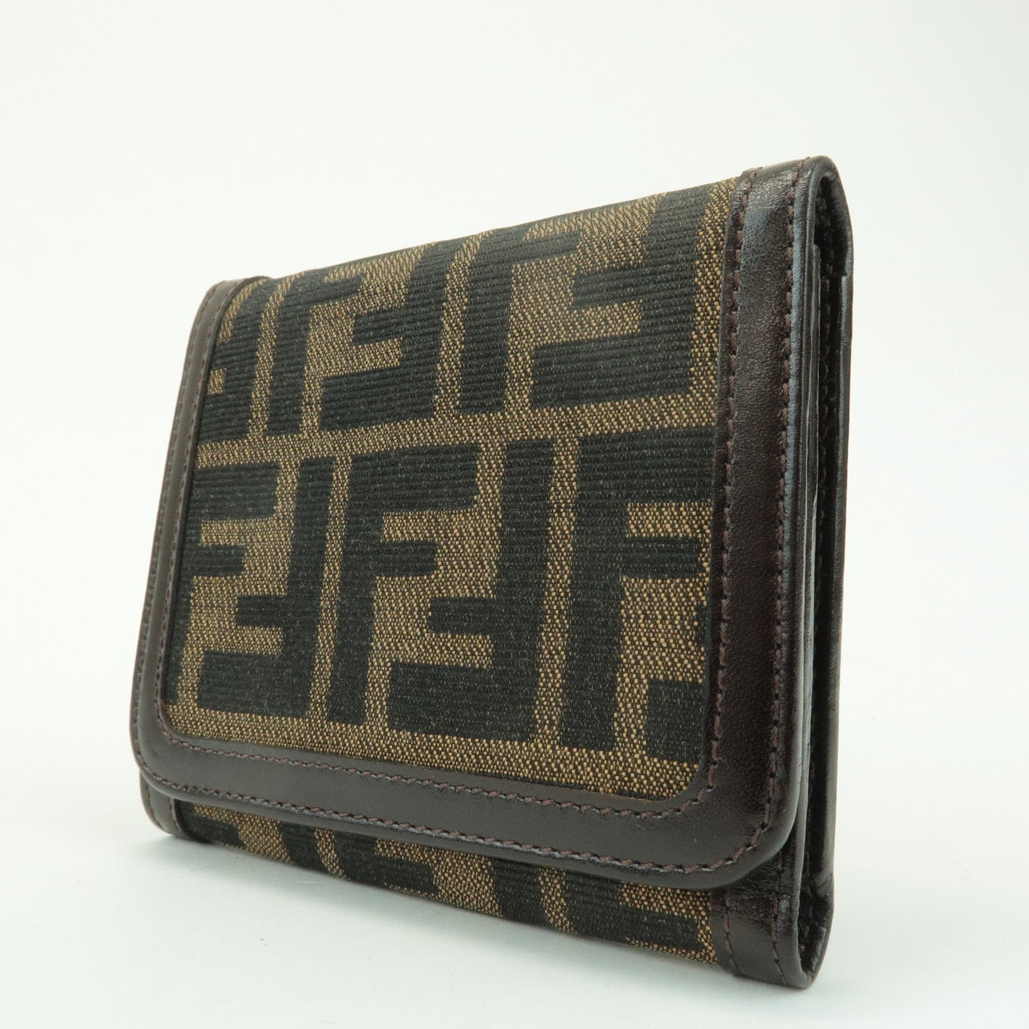 FENDI Zucca Leather Canvas Tri-fold Wallet Black Brown 30794