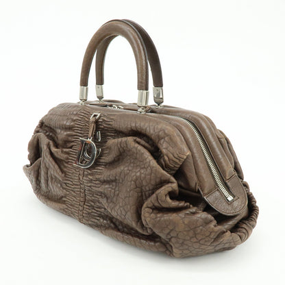 Christian Dior Embossed Gathered Leather Boston Bag Hand Bag Brown