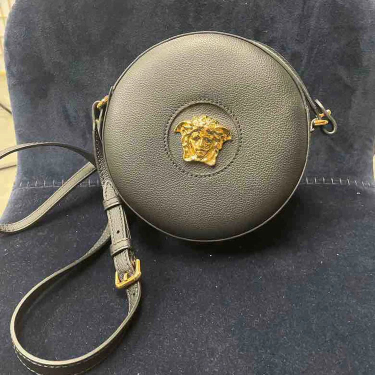Versace Ladies La Medusa Round Leather Camera Bag, Black Leather