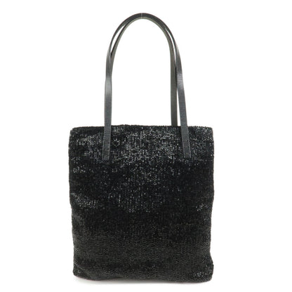 FENDI Logo Beads Leather Hand Bag Tote Bag Black