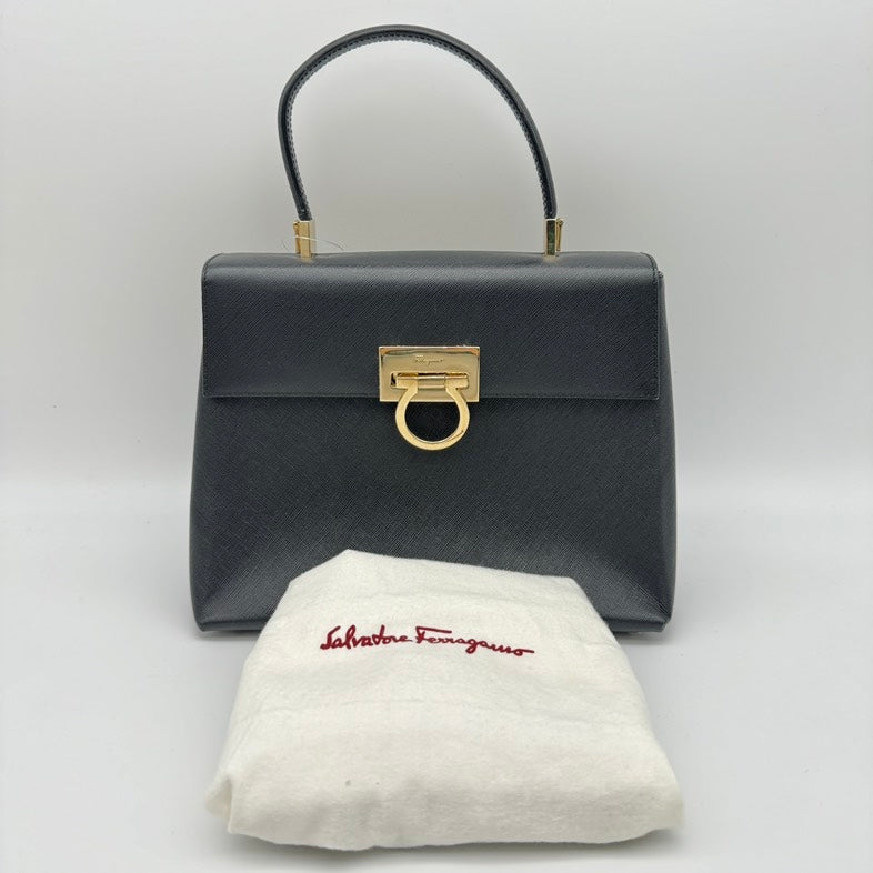 Salvatore Ferragamo Gancini Leather 2Way Hand Bag Black