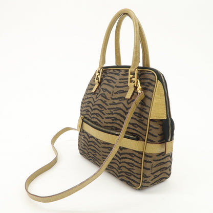 FENDI Leather Canvas 2Way Bag Hand Bag Zebra Print Black Brown