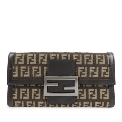 FENDI Zucchino Canvas Leather Bi-Fold Long Wallet Dark Brown 8M0021