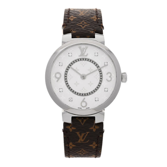 Stainless Steel Monogram Diamond 33mm Tambour Slim Quartz Watch