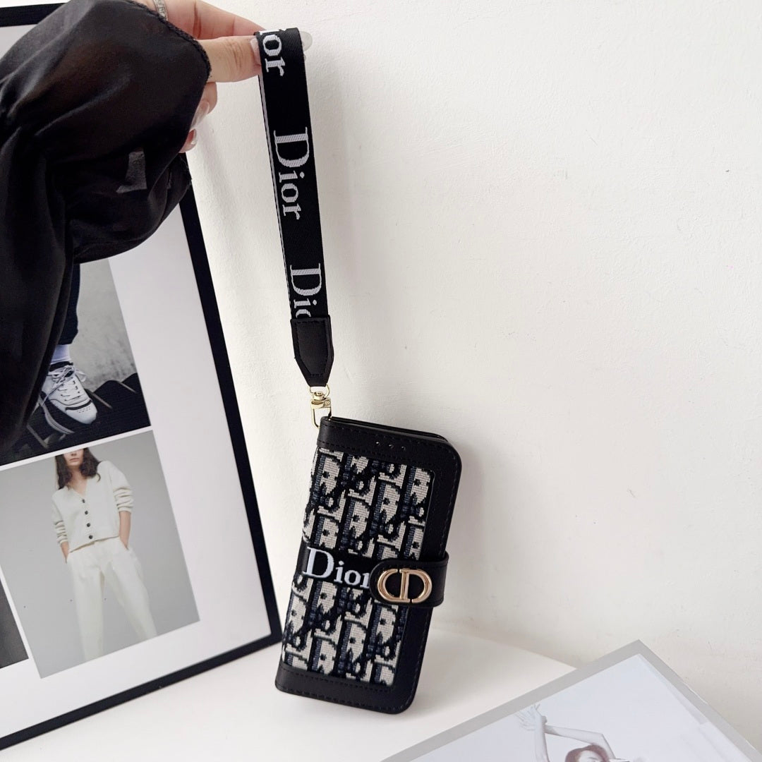 Dior Oblique Monogram Flip Wallet Phone Case With Brand Wrist Strap