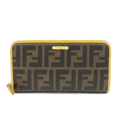 FENDI Zucca PVC Leather Round Zippy Long Wallet Brown Yellow 8M0299