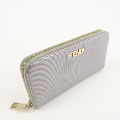 FENDI Leather Round Zippy Long Wallet Silver 8M0024