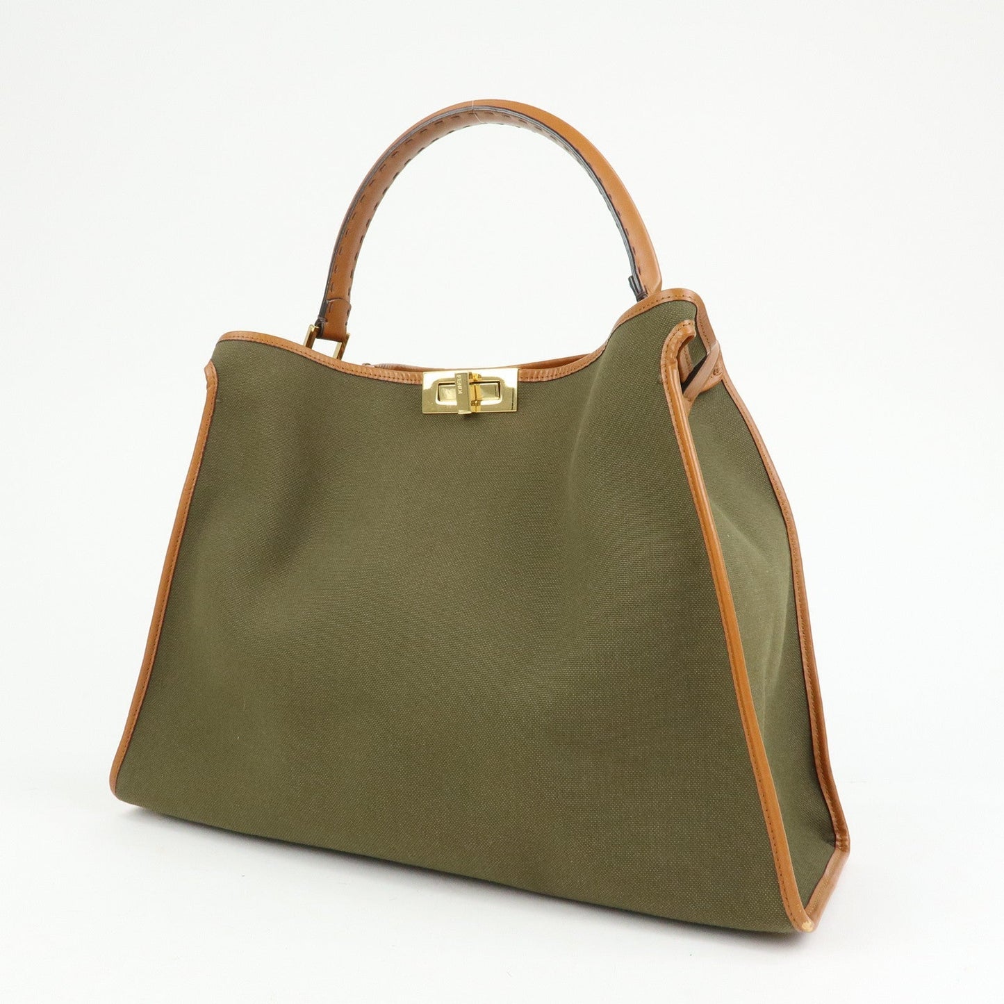 FENDI Peekaoo Canvas Leather Hand Bag Khaki Brown 8BN304