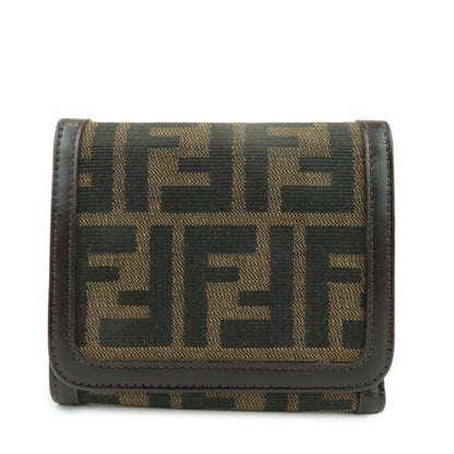 FENDI Zucca Leather Canvas Tri-fold Wallet Black Brown 30794