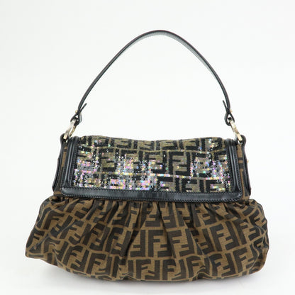 FENDI Zucca Canvas Leather Sequined Shoulder Bag Brown 8BR436