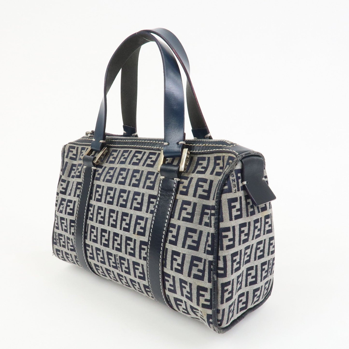 FENDI Zucchino Canvas Leather Hand Bag Mini Boston Bag Navy 16327