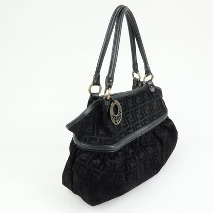 FENDI Zucca Suede Leather Gathered Shoulder Bag Black 8BH186