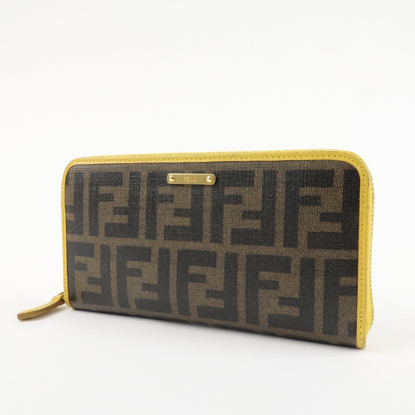 FENDI Zucca PVC Leather Round Zippy Long Wallet Brown Yellow 8M0299