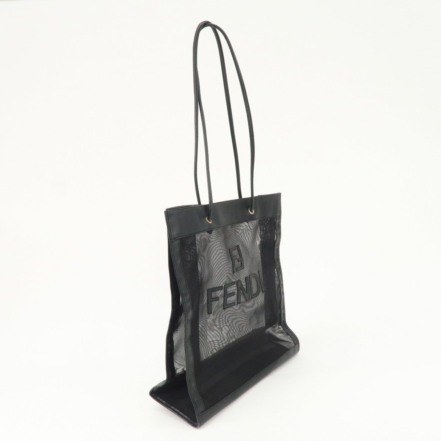 FENDI Mesh Leather Tote Bag Shoulder Bag Black Gold Hardware 259647