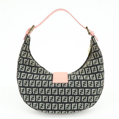 FENDI Zucchino Canvas Leather Shoulder Bag Black Pink 8BR020